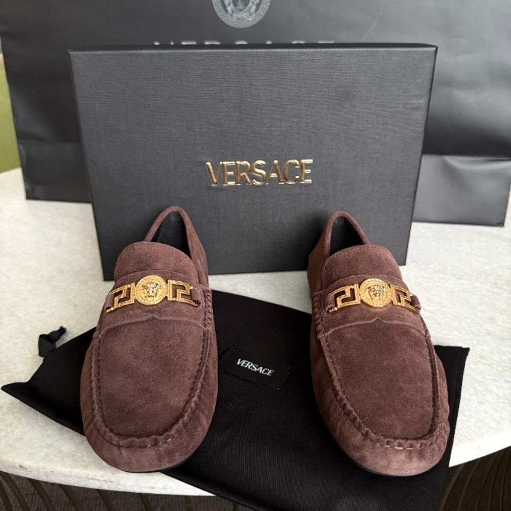 VERSACE 1009707 Medusa Men's Brown Suede Driver Shoes, 40‎